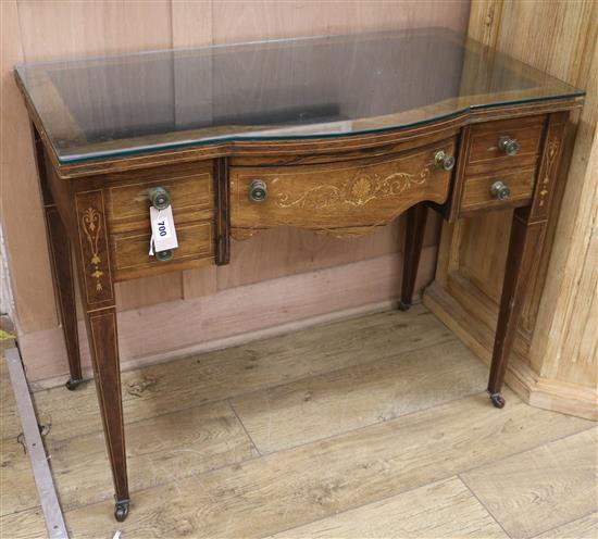 An Edwardian marquetry inlaid rosewood writing table W.91cm